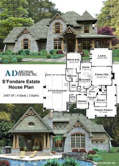 the front and back view of a house plan with an attached porch, covered in stone