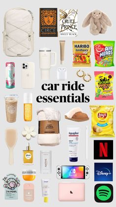 the words car ride essentials are surrounded by various items such as cookies, candy, and other things