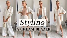 How To Style A Cream Blazer Women, Cream And White Outfits For Women, Cream Colored Blazer Outfits, How To Style A Cream Blazer, Creme Blazer Outfit Womens Fashion, White Long Blazer Outfit, Cream Blazer Outfits For Women Work, Cream Blazer Outfits For Women Casual, Ivory Blazer Outfits For Women