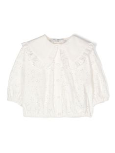 cream white stretch-cotton poplin texture openwork areas ruffle collar drop shoulder three-quarter length sleeves elasticated cuffs elasticated hem unlined front button placket Pan Collar Blouse, Peter Pan Collar Blouse, Lorenzo Serafini, Kenzo Kids, Ruffled Collar, Ruffle Collar, Stella Mccartney Kids, Iconic Women, Collar Blouse