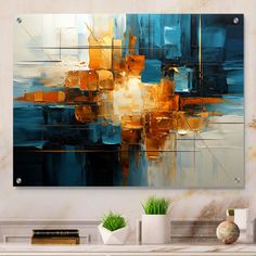 an abstract painting on the wall in a living room