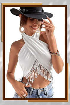 Elegant fringe top,rodeo outfit for women.The boho crop top is a great option as cowgirl outfit or casual western wear for women.
Self tie halter tops for women,Double Layer Front, the white tank tops for women is NOT SEE THROUGH at all.It is also a stretchy/comfortable flowing bachelor party outfit/festival clothing for women. White Fringe Outfit, Bachelor Party Outfit, Casual Western Wear, Cowgirl Outfits Party, Bachelorette Tops, Fringe Outfit, Stagecoach Outfit, Indie Summer, Rodeo Outfit