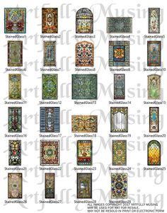 an assortment of stained glass windows and doors in different styles, sizes and colors with the names