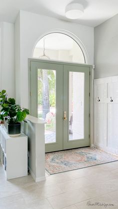 an entry way with a potted plant on the floor and a door to another room