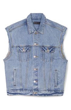 This classic denim vest features raw, extended shoulders and brand embroidery on the back yoke in a faded wash that suggests many years of rugged wear. 27" length (size Medium) Spread collar 100% cotton Machine wash, line dry Imported Asian Owned/Founded Cotton Medium Wash Washed Vest, Washed Denim Blue Cotton Vest, Medium Wash Cotton Vest, Dark Wash Cotton Denim Vest, Washed Cotton Denim Vest For Streetwear, Light Wash Sleeveless Cotton Denim Jacket, Sleeveless Light Wash Cotton Denim Jacket, Distressed Cotton Denim Vest In Washed Blue, Distressed Washed Blue Cotton Denim Vest