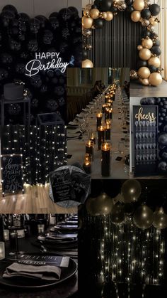 a collage of black and gold party decorations, balloons, candles, and table cloths