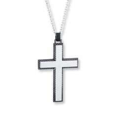 Black ion-plated stainless steel with a textured finish outlines a gleaming stainless steel center in this men's cross necklace. A stylish way to display faith, the pendant hangs from a 22-inch cable chain secured with a lobster clasp. Diamond Cross Necklace, Sideways Initial Necklace, Mens Cross Necklace, Blue Diamonds, Jewelry Advice, Mens Crosses, Gold Chains For Men, Monogram Necklace, Diamond Cross