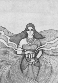 a drawing of a woman with her hair blowing in the wind and holding a bowl