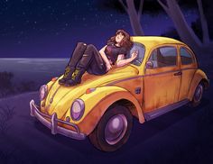 a painting of a woman sitting on the hood of a yellow vw bug at night