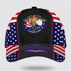 the back of a hat with an american flag and cross on it, which is printed in red, white, and blue