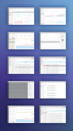 multiple screens showing different types of data on a blue and purple background with the text,