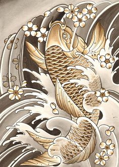 an artistic drawing of two koi fish