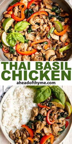 thai chicken and vegetables in a skillet with rice