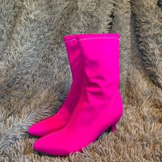 These Boots Are As Bold As You! These Boots Feature White Stitching Down The Toe, By The Heel And On The Inside And Outside Of The Top, A Kitten Heel, And An Extremely Vibrant Magenta Shell. The Shoe Is Best Made For Someone With Smaller Calves (As The Measurement For That Is About 11 Inches All Around). I’m Not Sure What These Shoes Are Made Out Of, Nor Do I Know The Brand. These Shoes Are Essentially Brand New With Some Manufacturing Defects Such As Loose Threads On The Back Of The Shoe (See Images) And Small Stains On The Inside Of The Shoe (See Images, These Stains Are Not Noticeable When Worn). But Other Than That, These Shoes Are Ready To Make You Stand Out In The Crowd! The Price Is Smaller Calves, Sock Boot, Socks And Heels, Kitten Heel, Shoes Heels Boots, 11 Inches, Cool Things To Make, Shoes Women Heels, Heeled Boots