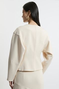 Structured Crepe Tailored Collarless Jacket | Karen Millen Luxury Fitted Structured Outerwear, Elegant Tailored Structured Outerwear, Tailored Modern Structured Outerwear, Sleek Single-breasted Structured Outerwear, Tailored Single-breasted Collared Outerwear, Petite Wedding Guest Dresses, Jacket Collection, Plus Size Formal, Collarless Jacket