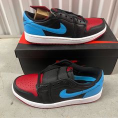 Nike Women's Air Jordan 1 Low Og Shoes Unc To Chi Red Blue Cz0775-046 Size 8.5 Blue Low-top Custom Sneakers With Red Sole, Blue Sneakers With Red Sole And Round Toe, Blue Custom Sneakers With Red Sole And Lace-up, Custom Blue Sneakers With Red Sole And Lace-up, Custom Blue Lace-up Sneakers With Red Sole, Jordan Low-top Leather Shoes With Air Max Cushioning, Low-top Leather Jordan Shoes With Air Max Cushioning, Leather Low-top Jordan Shoes With Air Max Cushioning, Blue Sneakers With Red Sole For Sports