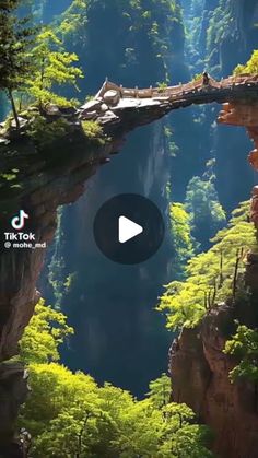 an image of a bridge that is in the middle of some trees and rocks with mountains behind it