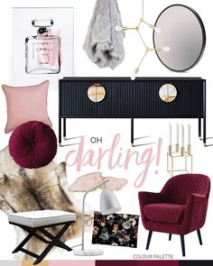 a collage of furniture and accessories with the words oh darling on it in pink