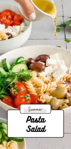 pasta salad with olives, tomatoes, cucumbers and parmesan cheese