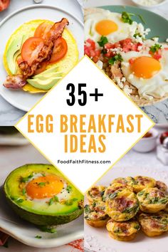 eggs, avocado and other food on plates with the words 35 + egg breakfast ideas