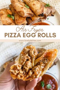 an egg roll is being held up in front of the camera with text overlay that reads air fryer pizza egg rolls