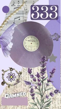 a collage with an old record, flowers and music notes on the bottom right hand corner