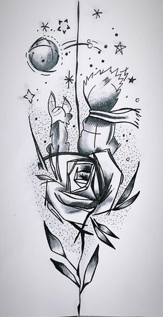 a black and white drawing of a rose with stars in the sky on it's side