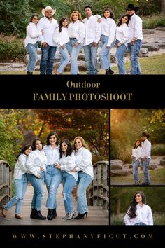 an outdoor family photo shoot in the fall and winter, with four people posing on a bridge