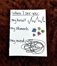 a piece of paper with writing on it that says, when i see you my heart my stomach my stomach my mind