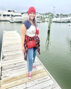 This is a 🛍️Shoppable🛍️ Pin!   Fall outfit, casual outfit, sporty outfit, midsize outfit, jeans outfit Baseball tee, denim jeans, red beanie, red high top converse dsize, curvy, outfit, idea, inspo, inspiration, outfit of the day, ootd, midsize ootd, curvy ootd, midsize outfit, curvy outfit, size 12, size 14, size 16, size18 #fall #ootd #outfits #outfitoftheday #womenswear Blue Flannel Outfit, Red High Top Converse, Fall Outfit Casual, Red Beanie Hat