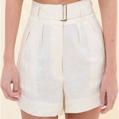 Detachable Waist Belt, Zip Fly With Hook And Bar Closure, Machine Wash Gentle Cycle Composition: 100% Linen Fabric Color: Ivory Fit: True To Size Elegant Fitted Cream Shorts, Elegant Shorts With Belt Loops For Spring, Elegant Spring Shorts With Belt Loops, Chic Off White Shorts, Elegant Off-white Summer Bottoms, Elegant Off White Summer Bottoms, White Workwear Shorts With Belt Loops, White Belted Short Bottoms, Chic Cream Shorts For Work