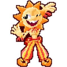 the pixel art of an orange and yellow clown with his arms out in front of him