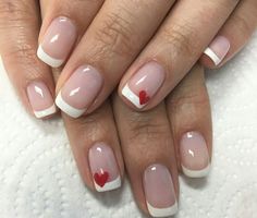 Easy Valentines Nails French Tip, French Nail Valentines Day, Valentines Day Nails With French Tips, Valentines Day Manicure Ideas, French Nails For Valentines Day, Valentine Gel Manicure Ideas, Valentines Day French Manicure, Valentines French Tip Nails Square, Cute February Nails Acrylic