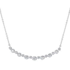 This   S Collection curved bar necklace is a timeless classic, this bar necklace is   meticulously hand crafted in 14 karat white gold and features 1.0 carat total weight of   round brilliant cut diamonds, a total of fifteen stones of different sizes that alternate across   the bar, each stone is prong set by hand and the bar has a high polished finish. This necklace is elegantly presented on a cable link style chain that is a total of 18 inches in length and has a jump ring in place at 16 Curved Bar Necklace, Curved Bar, Diamond Jewelry Necklace, White Gold Chains, Diamond Pendant Necklace, Round Brilliant Cut Diamond, Bar Necklace, Brilliant Cut Diamond, Timeless Classic