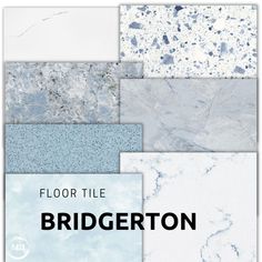 the floor tile collection is shown in blue and white marble, with text overlaying it