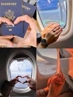 collage of photos showing hands making a heart shape with their fingers and passport in front of an airplane window