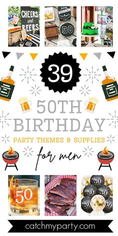 a birthday party with pictures and text that reads,'59th birthday party themes & supplies for men