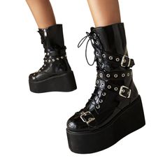 Gothic Punk Platform Boots, High Chunky Platform Boots, Riding Boots, Long Boots, Zipper Boots. PU Leather Boots. Combat Boots, Biker Boots, Punk Boots, Gothic Boots. Black Women's Boots. Looking to make a fashion statement? Then you can't go wrong with these awesome chunky, gothic, punk, platform boots. 3.5-inch heels are no problem with these super soft comfortable boots you will feel like you are floating on air, and they are surprisingly easy to walk in. Standing or walking for long periods Gothic Wedge Boots With Platform And Round Toe, Punk Style High Ankle Wedge Boots With Platform, Edgy Faux Leather Platform Mid-calf Boots, Edgy Platform Mid-calf Faux Leather Boots, Edgy Platform Mid-calf Boots In Faux Leather, High-top Platform Wedge Boots For Alternative Fashion, Edgy Mid-calf Platform Boots In Faux Leather, Edgy High-top Wedge Boots With Chunky Platform, Edgy High-top Mid-calf Faux Leather Boots