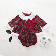 Plain Matching Pajamas 2-piece Plaid Dress & Shorts for Baby Girl – PrettyKid Bottoms Outfit, Christmas Suit, Red Plaid Dress, Dress Tops, Kids Boutique Clothing, Ruffle Long Sleeve, Long Sleeve Plaid Shirt, Matching Family Outfits