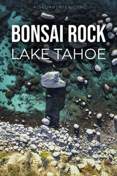 an aerial view of bonsai rock lake tahoe with text overlay that reads bonsai rock lake tahoe