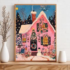 a painting of a pink house with snow on the roof and flowers in vases next to it