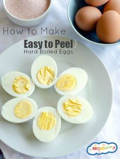 an advertisement for how to make easy boiled eggs on a plate with other ingredients around it