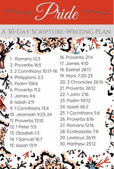 the 30 day bible writing plan with red and white flowers on it, in front of a