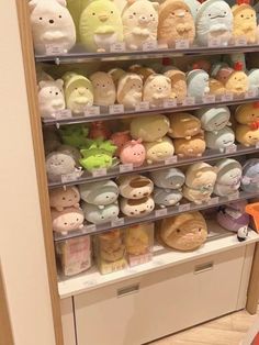 there are many stuffed animals on the shelves