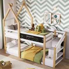 a child's bedroom with green and white chevron wallpaper, wooden bunk bed