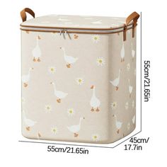 an image of a large storage bag with ducks and daisies on the side, measurements