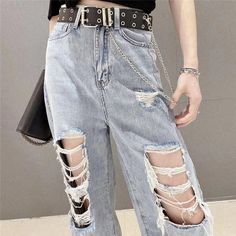 Dark Blue Ripped Jeans, Jeans With Chains, Y2k Fashion Aesthetic, Blue Ripped Jeans, Blue Hole, Personal Aesthetic, Color Light Blue, Greyish Blue, Fashion Aesthetic