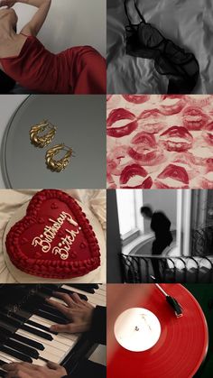 a collage of photos with red, black and white items in the middle one has a heart shaped cake on it