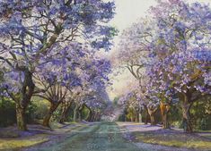 an oil painting of trees lining a road with purple flowers on the trees and grass