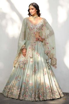 Sage Green Lehenga, Dolly J, Raw Silk Lehenga, Tuxedo Accessories, Rachel Green, Sharara Set, Silk Lehenga, Organza Dupatta, Silk Embroidery